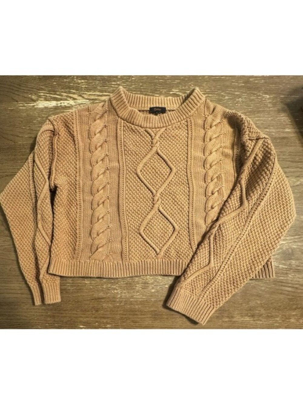 Quince Women 100% Organic Cotton Cropped Cable Crew Sweater Tan L Fisherman Boho